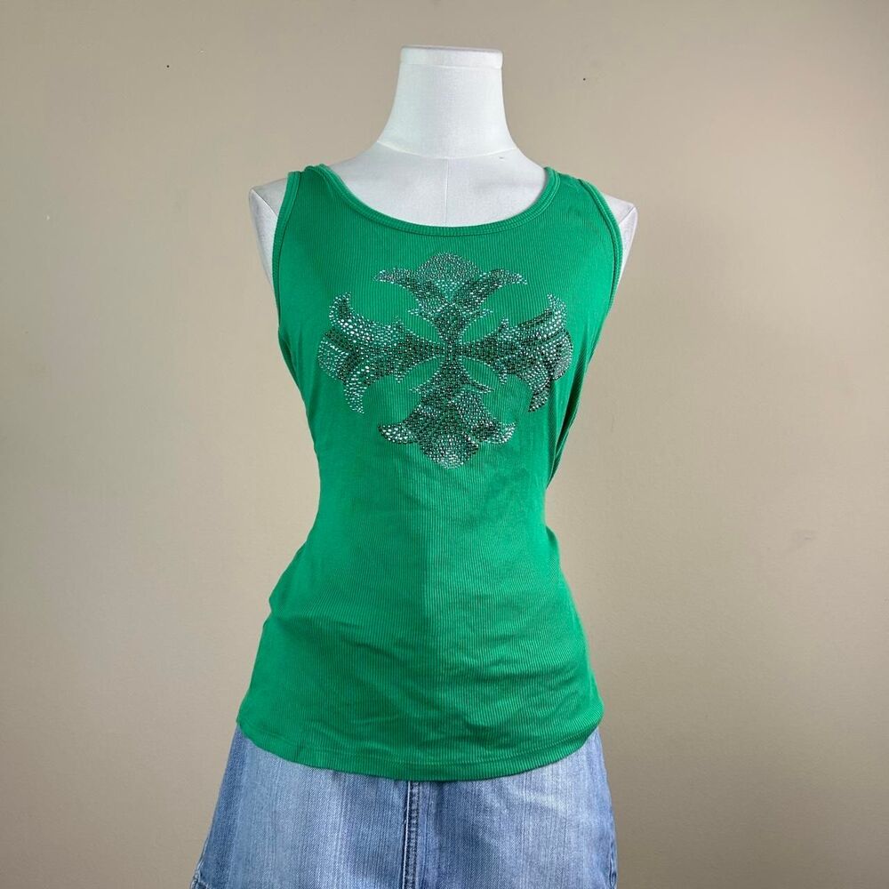 Vocal Green Y2K Rhinestone Cross Tank
